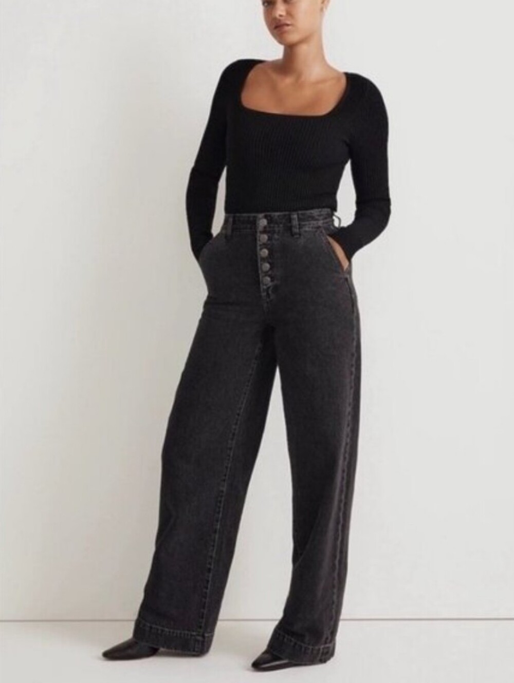 Madewell Black Curvy High-Rise Wide-Leg Button-Fly Jeans 30